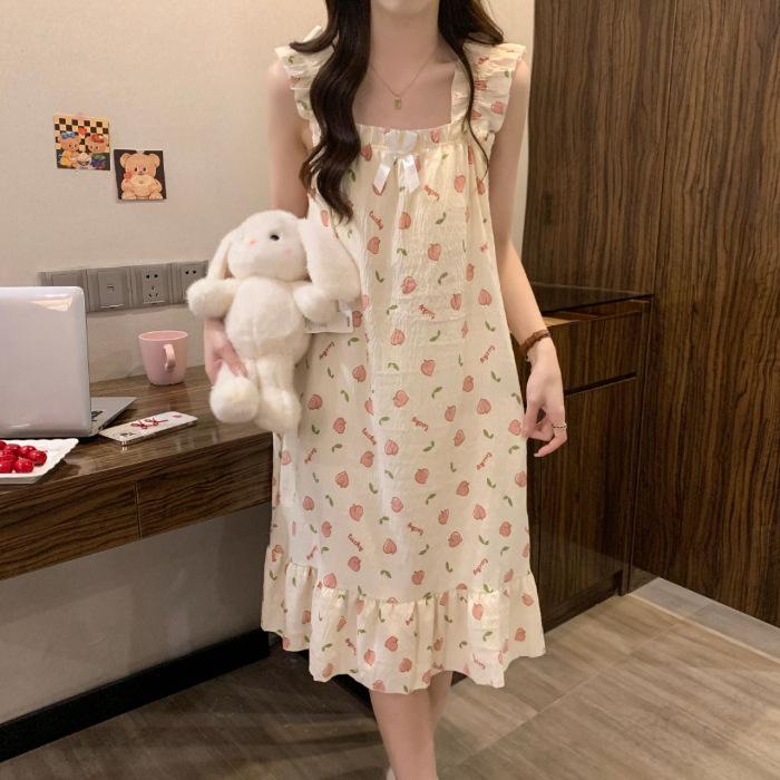 Cloud Cotton Pajamas Girl Summer Sweet Princess Style with Chest Pad Suspender Medium Length Loose Nightdress Loungewear Outside