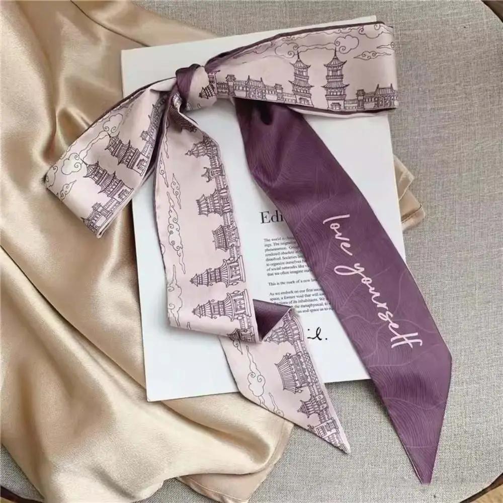 French Scarf Butterfly Tie Hair Retro Chinese Style Oil Print Hair Ribbon Scarf Neck Tie Bag Headscarf Floral Bands Headband