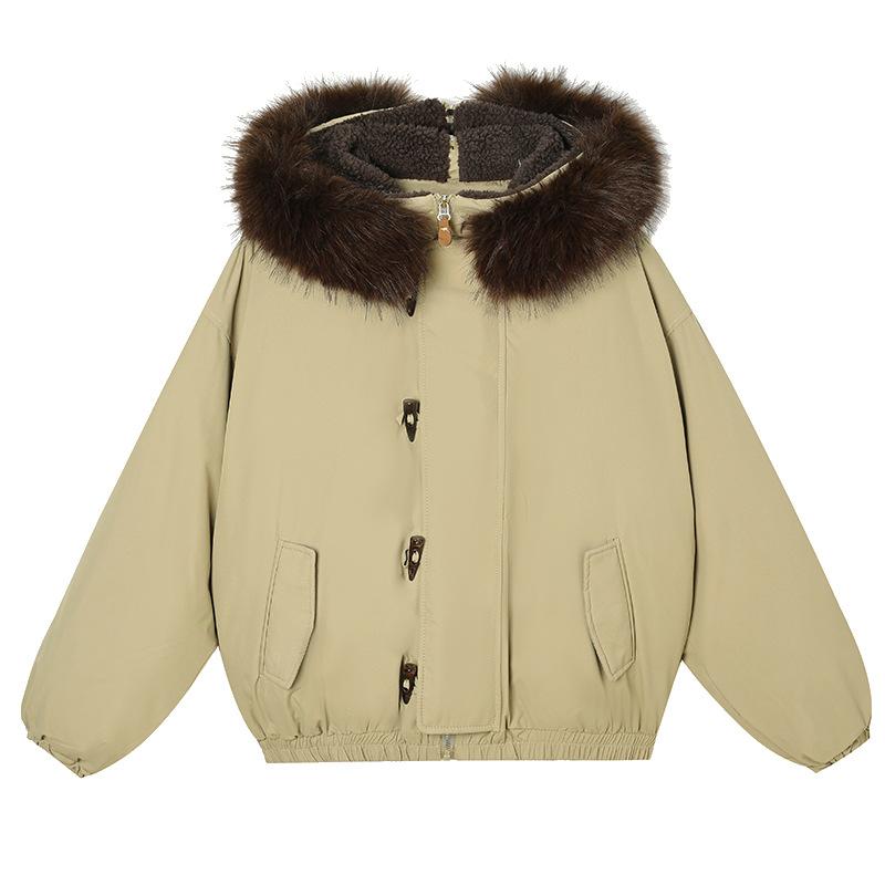 Down Jacket Women's Workwear Parka Fur Collar Hooded Horn Button Coat Winter Loose and Thickened
