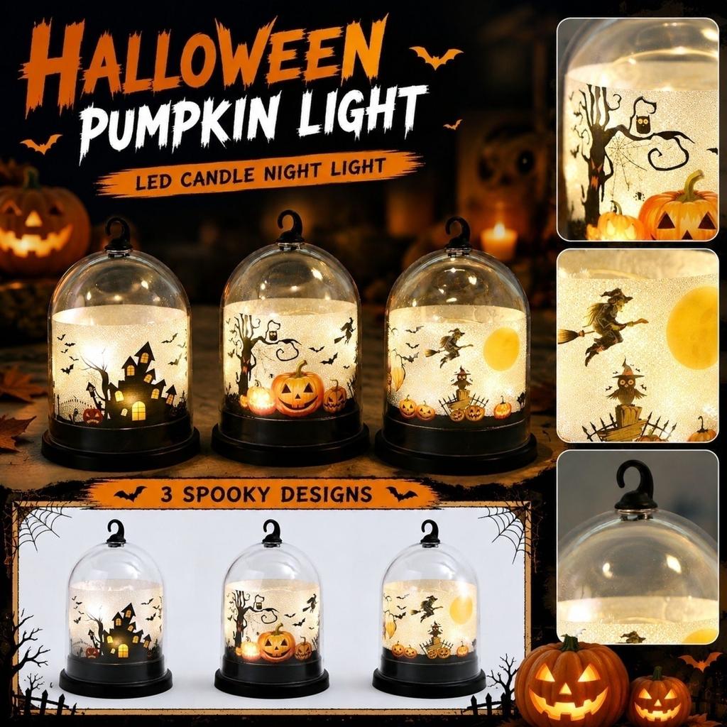 Halloween Pumpkin Lantern Decoration LED Candle Light Dome Shaped Small Night Light Tabletop Ornament for Holiday Party Display and Indoor Use