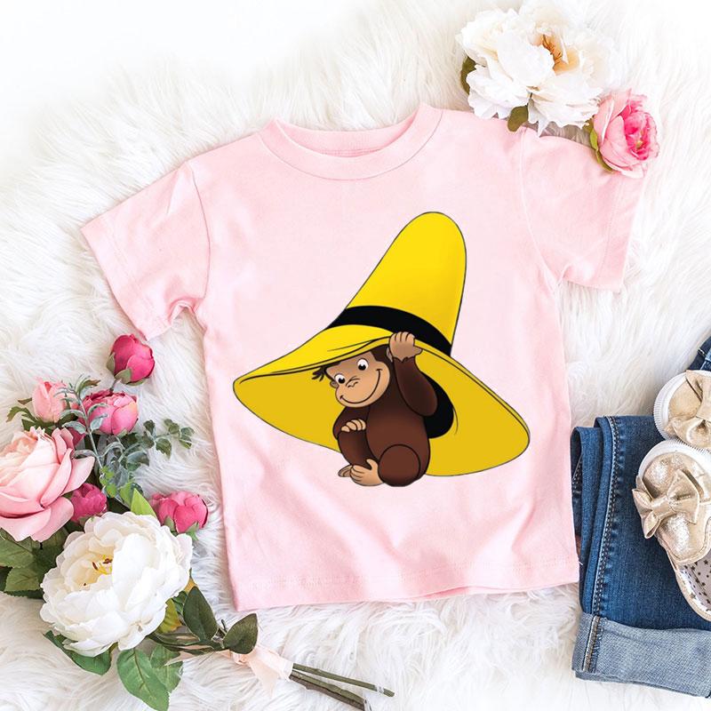T-shirt Kawaii per bambine Stampa cartone animato Scimmietta Curious George Abbigliamento per bambini T-shirt estive T-shirt per bambine Top rosa a maniche corte