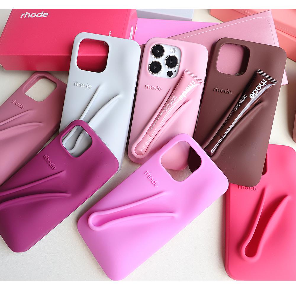 Rhode Silicone Full-Coverage iPhone 13/14/15 Pro Max Case with Lipstick Lip Gloss Design