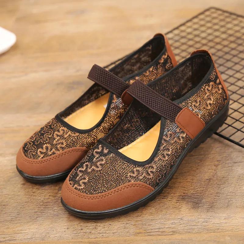 Damenmode runder Zeh weinrot Schnallenriemen Mesh atmungsaktive flache Schuhe Dame lässig Retro chinesische Stickerei Blumen Schuhe ba328