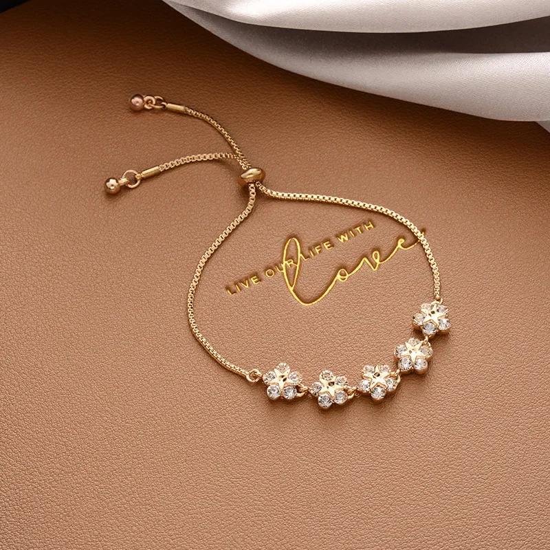 Creative Design Pull Yellow Adjustable Zircon Bracelets for Women Charm Gold Color Stainless Steel Chains Bangles Party Jewelry