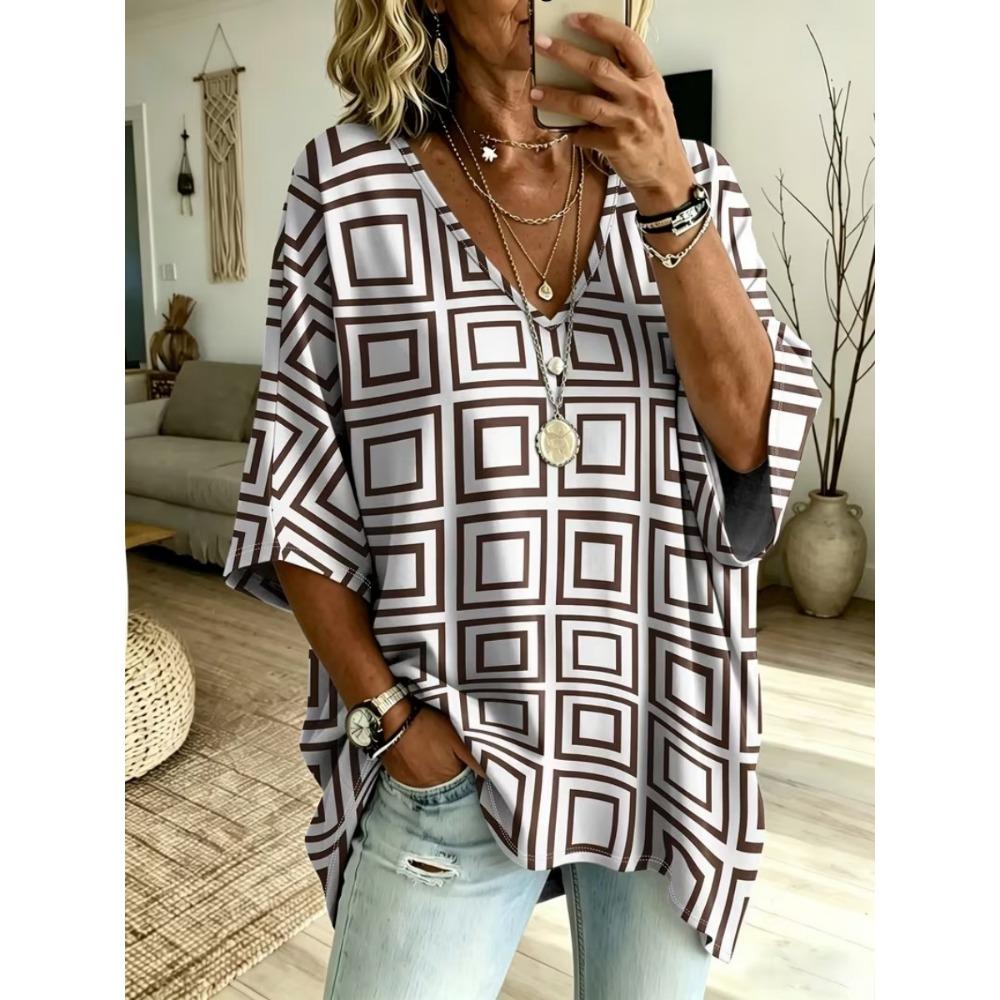 Women's Large Size V-neck Top, Elegant and Comfortable, Simple Pattern Print Large Size Women's V-neck T-shirt