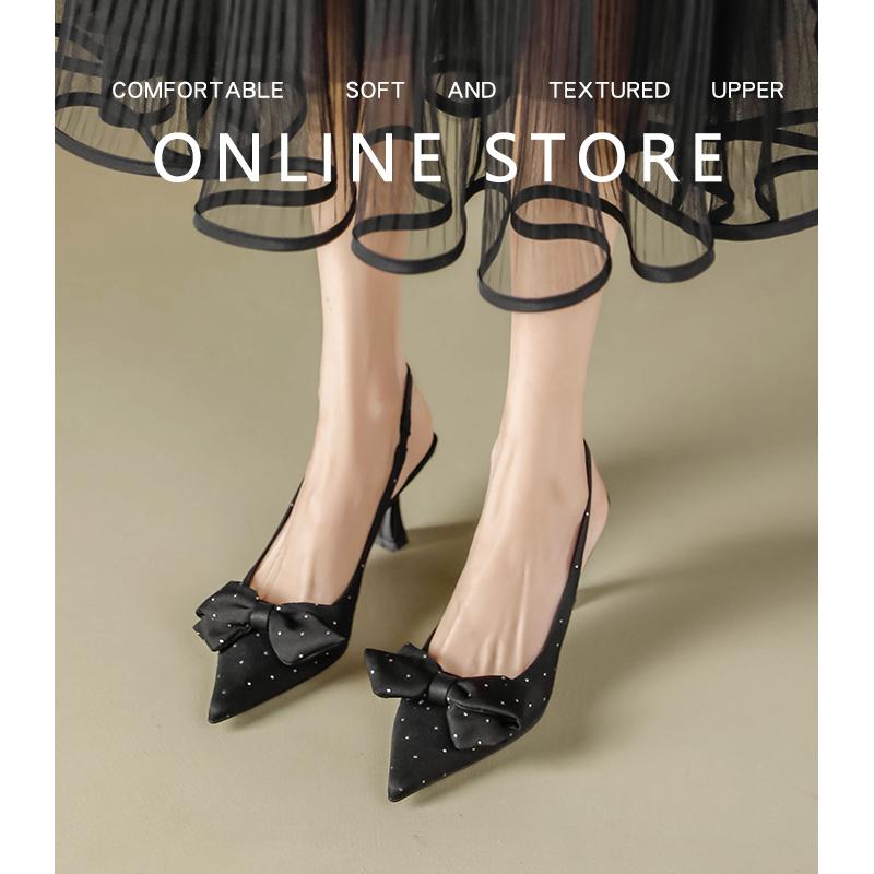 Fashion Heel Shoes Rear Trip Black Pointed Shoes Sandals Women's Summer Thin Heel Adult Ceremony Bow Pumps Women Shoes