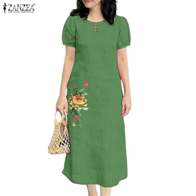 ZANZEA Women Daily Casual Round Neck Short Sleeve Floral Print Dress