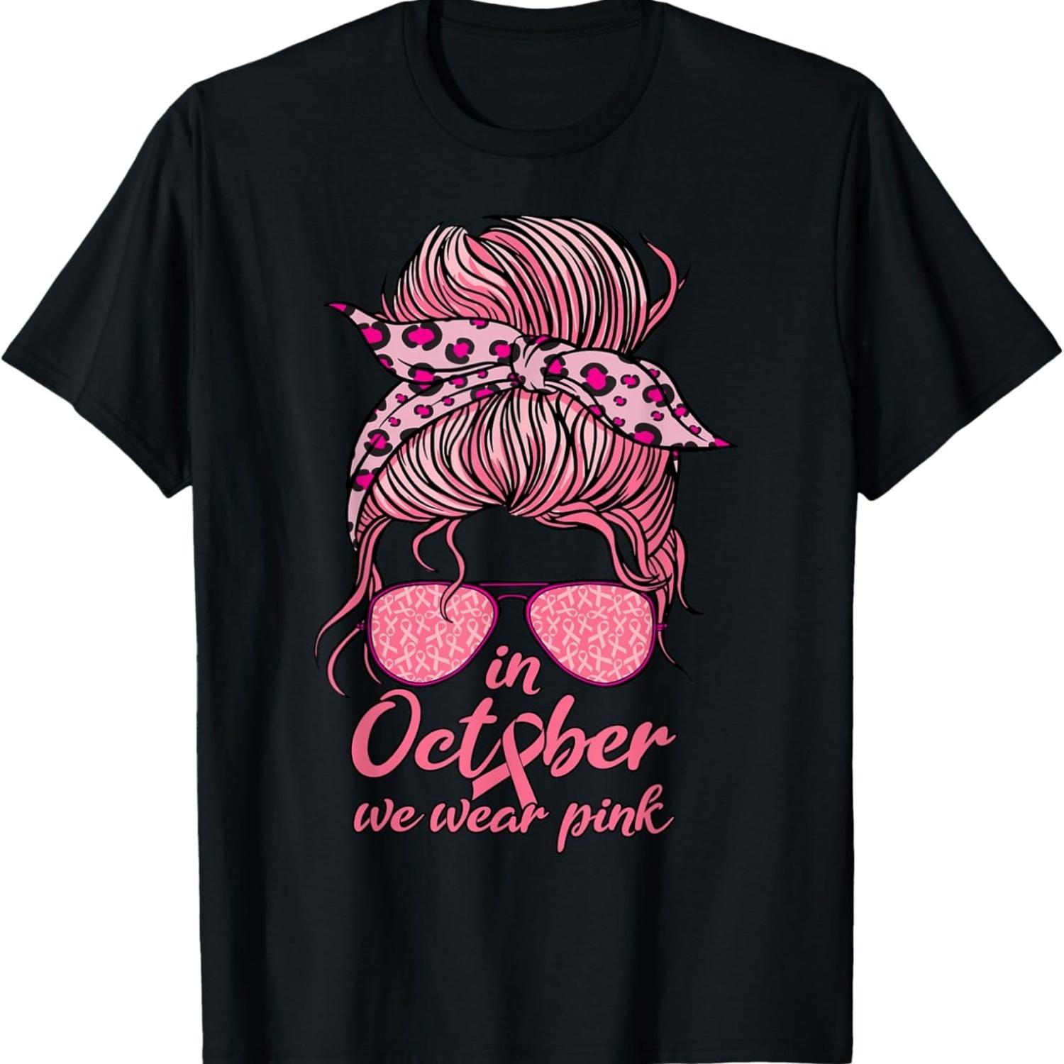 In October We Wear Pink Messy Bun Breast Cancer Women T-Shirt S чёрный