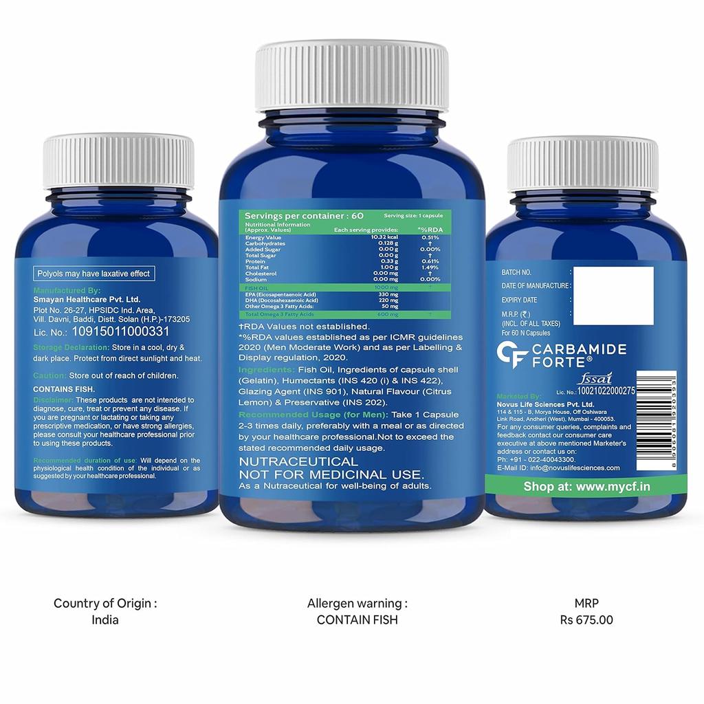 Carbamide Forte Double Strength Fish Oil 1000mg Omega 3 Supplement 60 Capsules 600mg