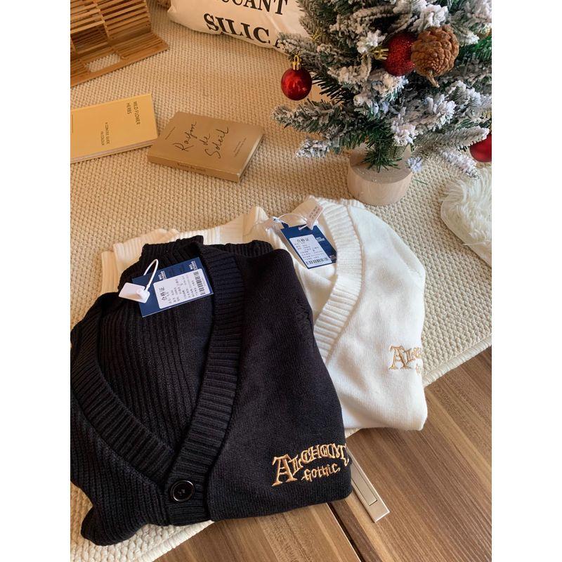 

@ Core-Spun Yarn Embroider Letters Make Old Ripped Sense Thick Needle Sweater Cardigan Coat White) No. 2 Yan S