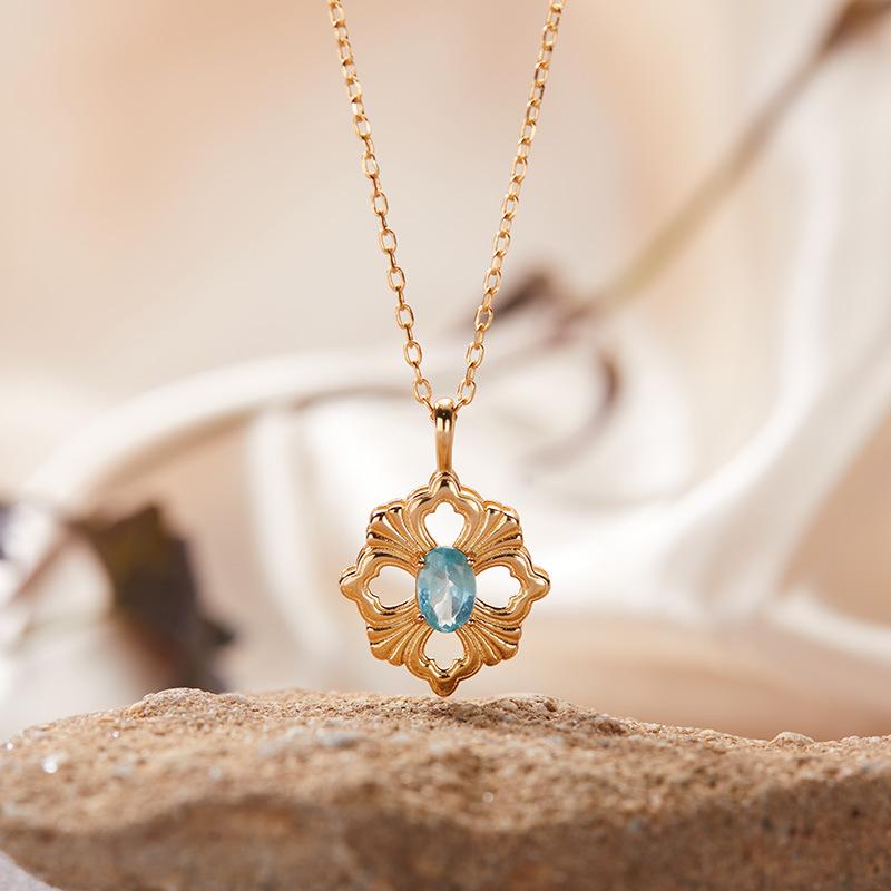 S925 Sterling Silver Natural Colored Treasure Necklace Women'S Niche Light Luxury High-End Set French Retro Brushed Collarbone Chain