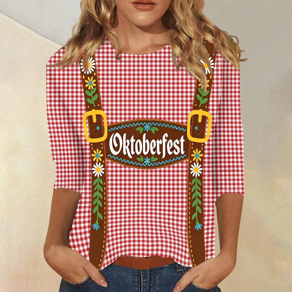 Damen Casual Oberteil mit Dreiviertelärm, Oktoberfest-Print, Rundhalsausschnitt, Leicht, Bequeme Passform für Saisonale Veranstaltungen und den Alltag