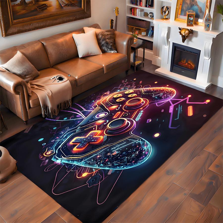 Flannel Printed Gaming Controller Rug Neon LED Design Soft Fleece Floor Mat Living Room Carpet Gamer Decor Tech Theme Rugs