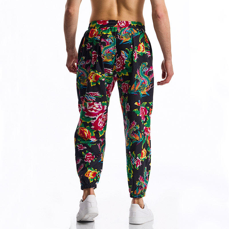 Men's Casual Pants - Summer and fall paisley print pants, loose fit, elastic waistband with drawstring, fashionable and comfortable men's street wear