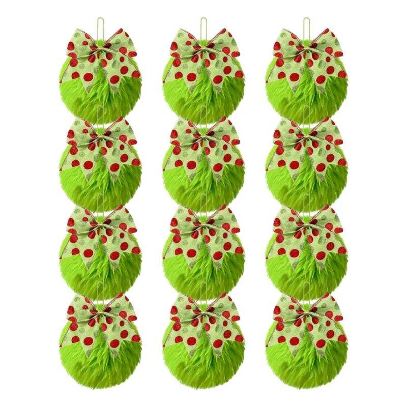 12Pcs Green Plush Christmas Decorations 8cm Plush Ball Ornament with Bows for Holiday Tree Window Display