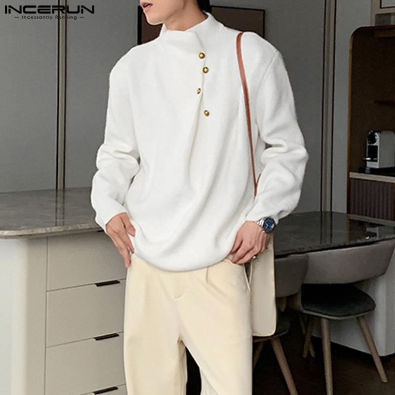 INCERUN Autumn Pullovers Men Stand Neck Long Sleeve Texture Rib Knitted Casual Tops