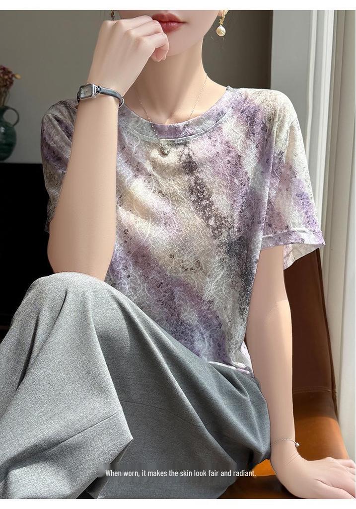Women's Ink Wash Tie-Dye Short Sleeve Top - Loose Fitting, Slimming, Round Neck Base Layer