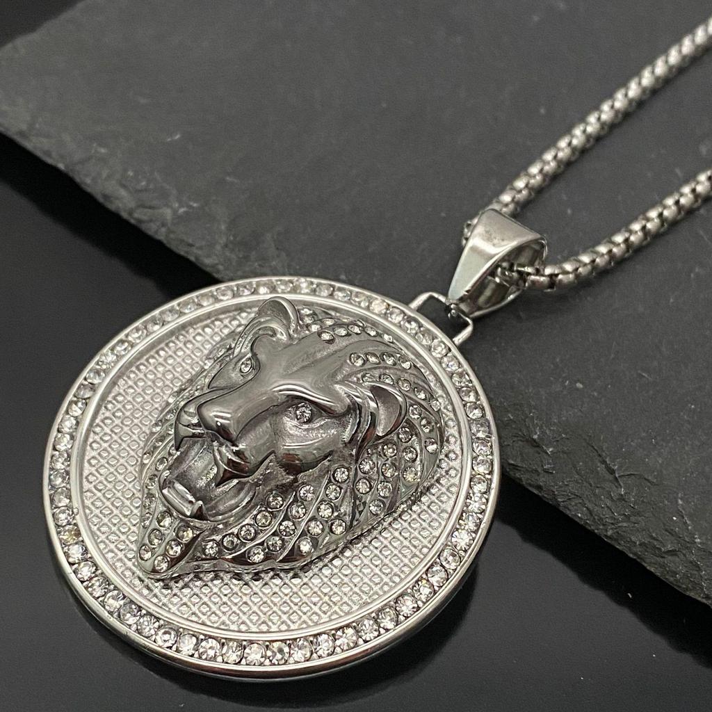 Stainless Steel Rhinestone Lion Head Pendant Hip Hop Necklace