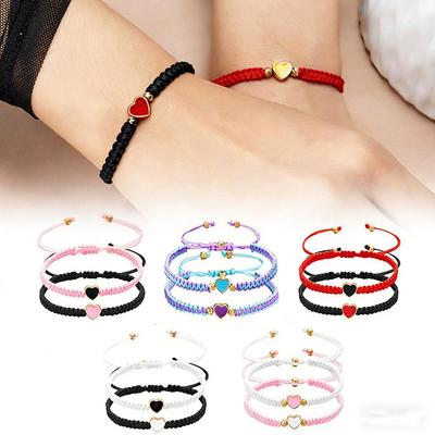 2-Heart Beaded Matching Bracelets For Couples And Best Friends Friendship Adjustable Braid Strand Bracelets For Valentines Gifts