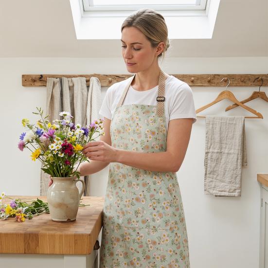 Canvas Apron with Floral Print Breathable Adjustable Straps Cooking Apron Water-Resistant Oil-Proof Kitchen Apron for Cooking Baking Gardening
