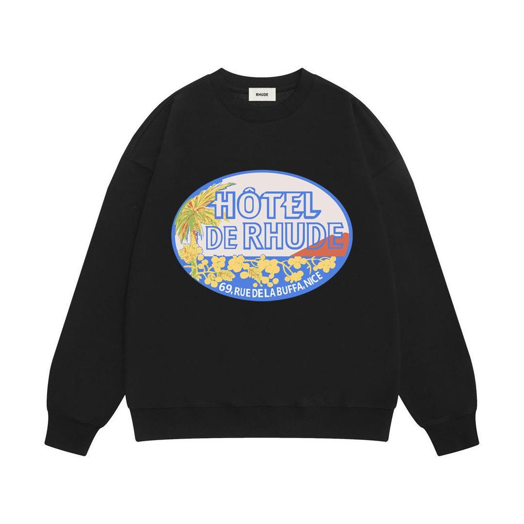 New Men's RHUDE Letter Print Loose Terry Round Neck Hoodie