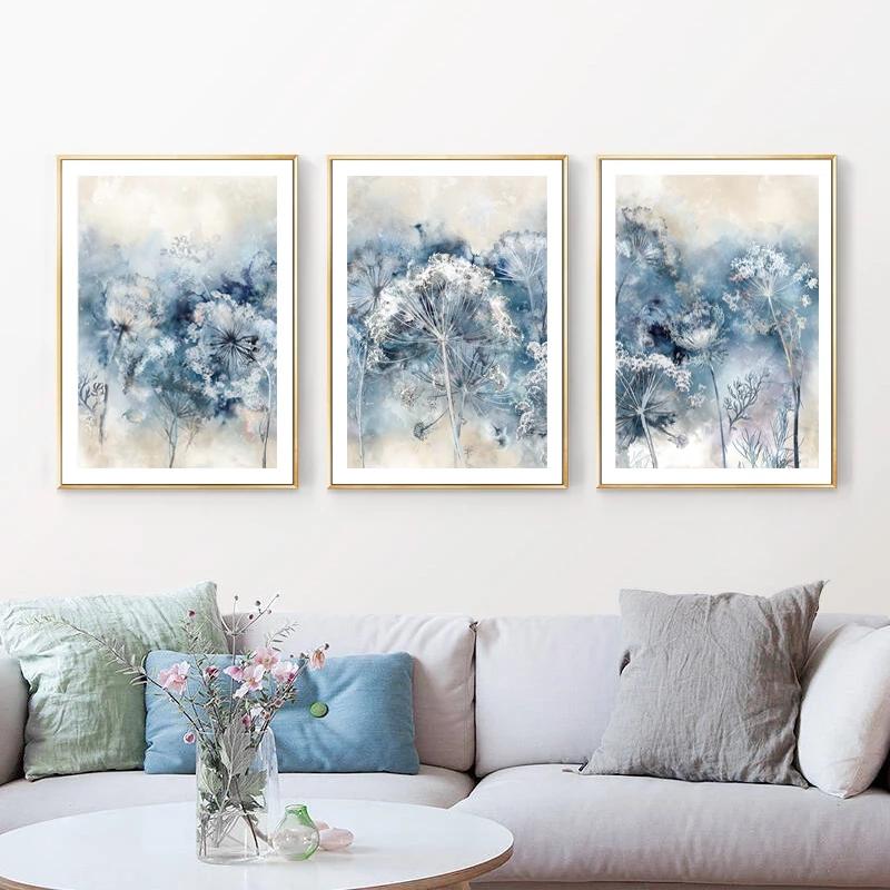 Fiori blu Su tela Dipinti interni Moderni Estetici nordici Wall Art Poster Immagini Decorazione del soggiorno