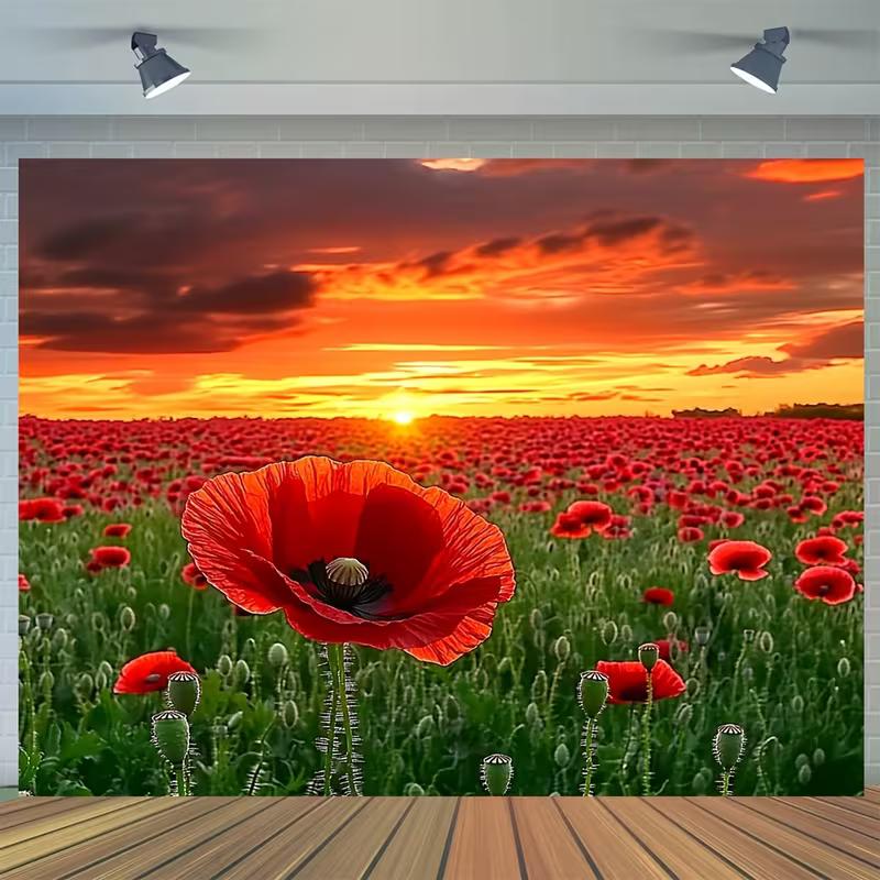 2D HD Red Poppy Flower Field Backdrop, Sunset Sky Floral Photo Background Cloth