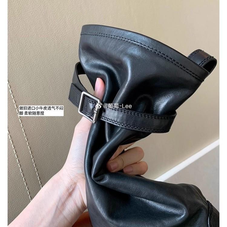 Grape Mother Has the Same Style, and Her Legs Are Fine Out of the Street~ Cowhide Pointed Round Head Fashionable Belt Buckle Medium Thick Heel Boots 