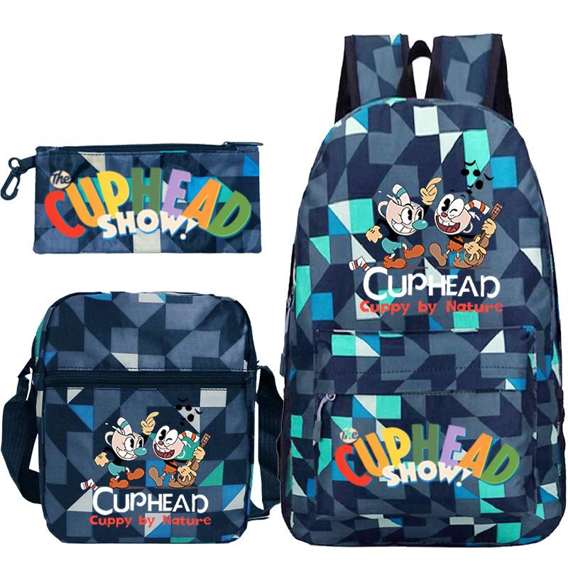 Cartoon Teacup Head Cuphead Student Backpack Oblique Span Bag Pencil Bag Primary And Secondary School Students Children'S Schoolbag Three-Piece Set