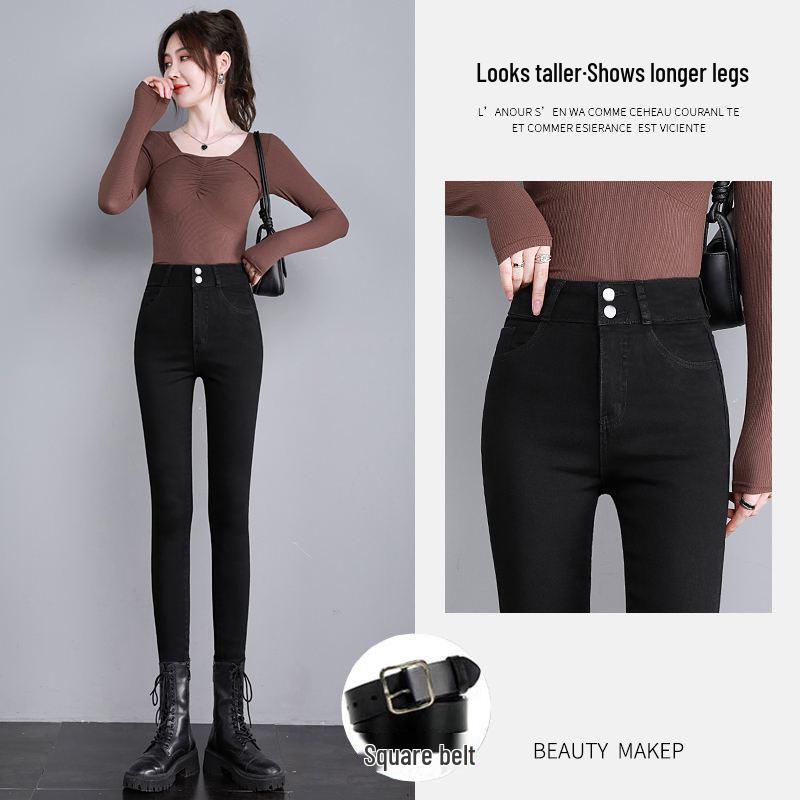 Women's Blue-Gray Fleece-Lined High-Waisted Slim-Fit Denim Pants - 2023 Autumn/Winter Style