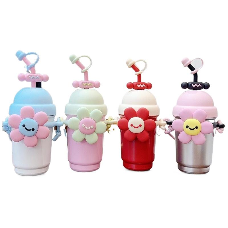 700Ml Cartoon Vacuum Flasks Straw Thermos Cup Female 316 Stainless Steel Milk Tea Cup High Value with Rope Flower Water Cup Gift