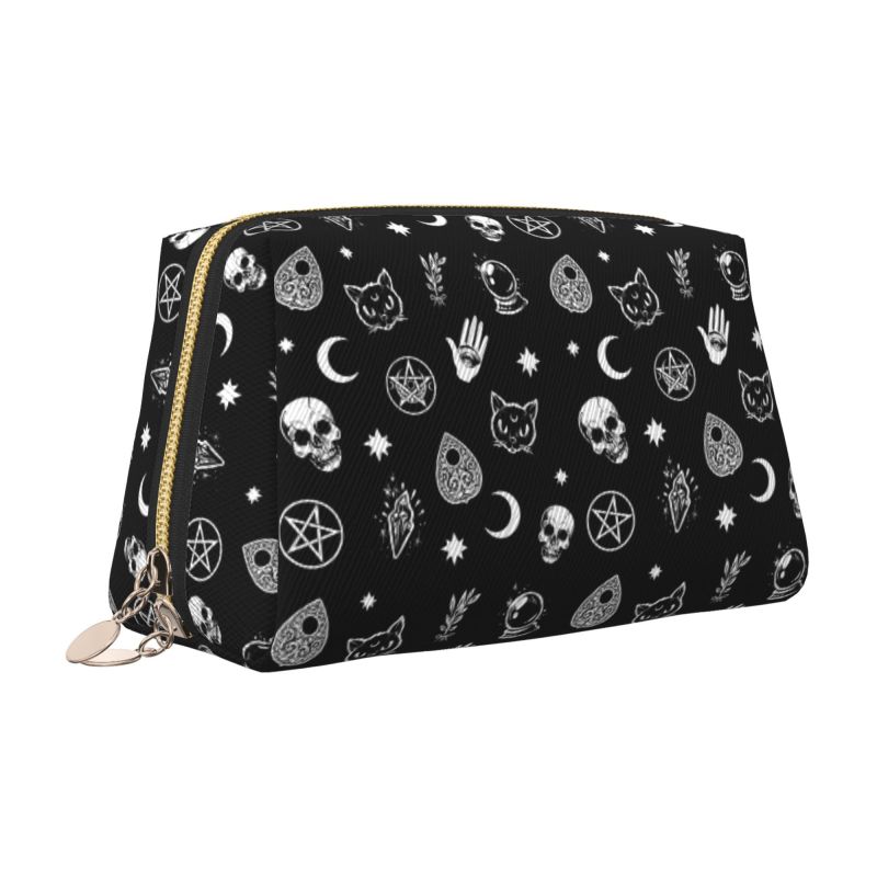 Black Witch Skull Moon Divination Leather Makeup Bag Large Travel Cosmetic Organizer Bag for Women Waterproof Toiletries Pouch