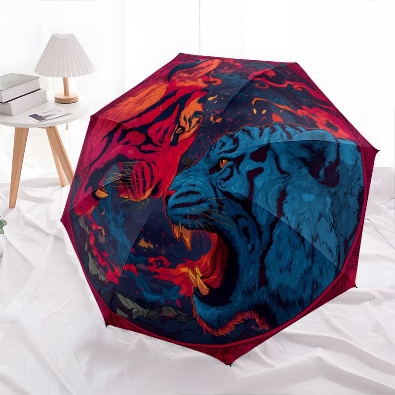 Tiger and Rooster  pattern, automatic folding umbrella, portable and foldable design, 8 ribs, a Christmas or birthday gift.