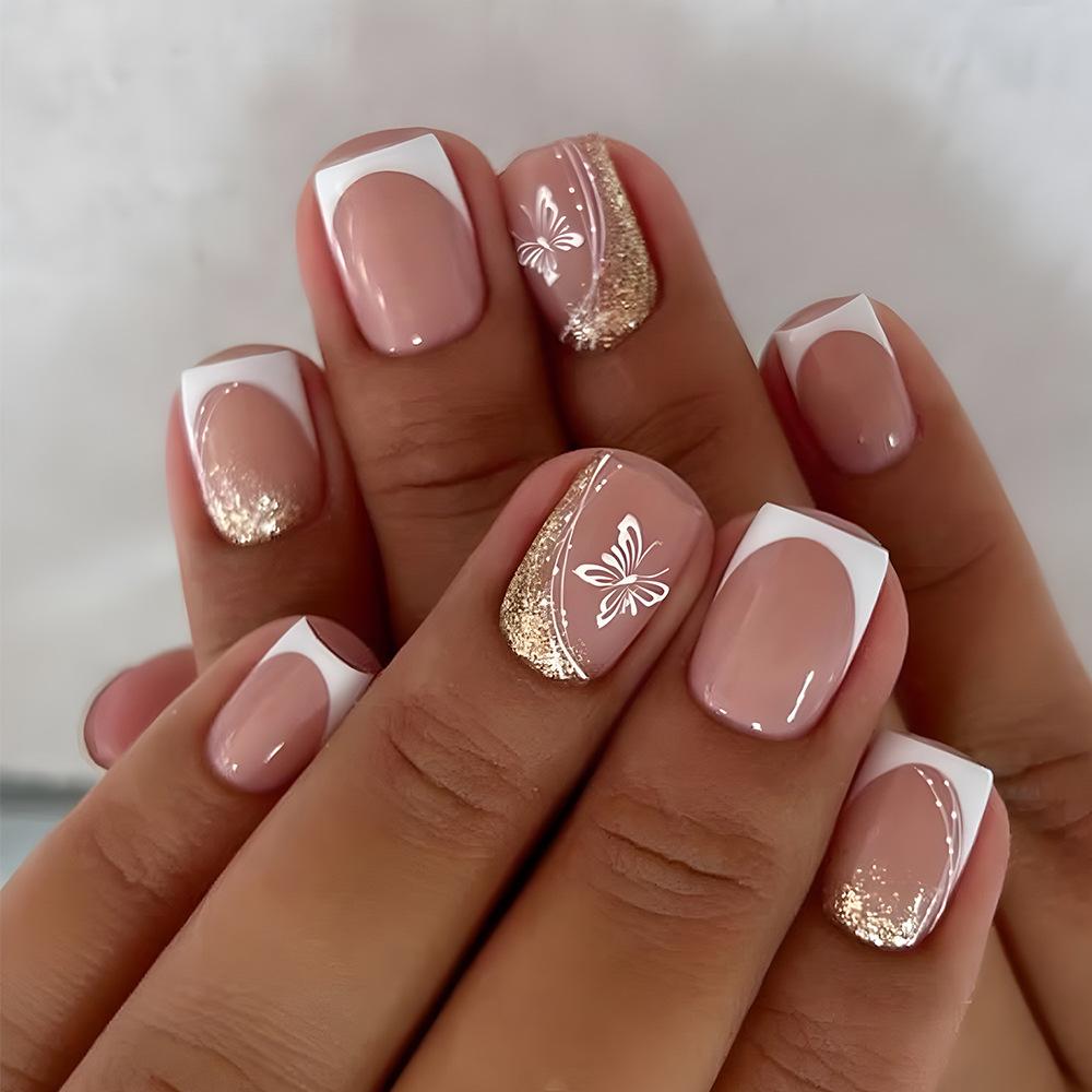 24Pcs Short Square Press On Nails White Rhinestone Flower French Tip Full Cover Reusable Fake Nail Tips