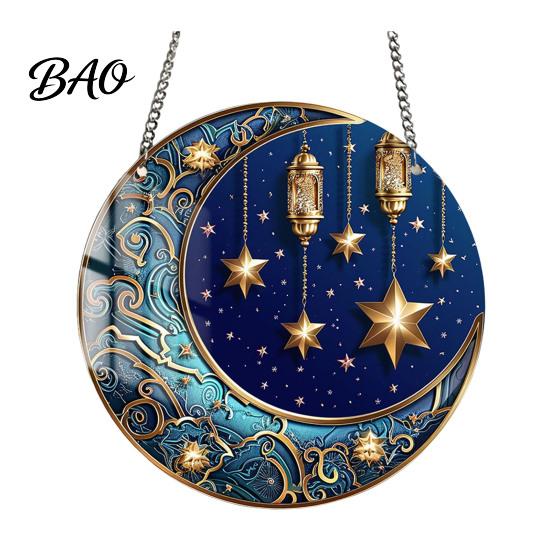 Sun Catcher Ornament 2D Acrylic Star Moon Lantern Suncatcher, Crescent Window Hanging Cute Pattern Suncatcher for Home, Patio, Garden, Ramadan Decor,