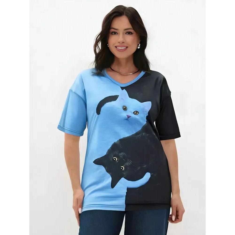 Summer V-neck Cute Cat Pattern 3D Printed Top Fashionable Casual Short Sleeved Women's T-shirts