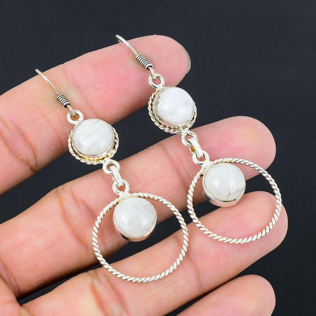 Rainbow Moonstone Gemstone Dangling Handcrafted Earrings Jewelry Sterling Silver