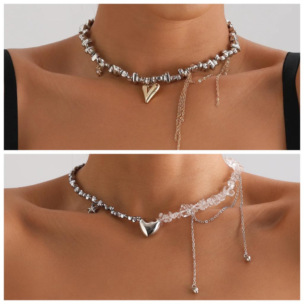 Y2K Heart Beaded Necklace Women Boho Irregular Crystal Class Gravel Clavicle Chain Cool Y2K Choker Exquisite Fashion Jewelry