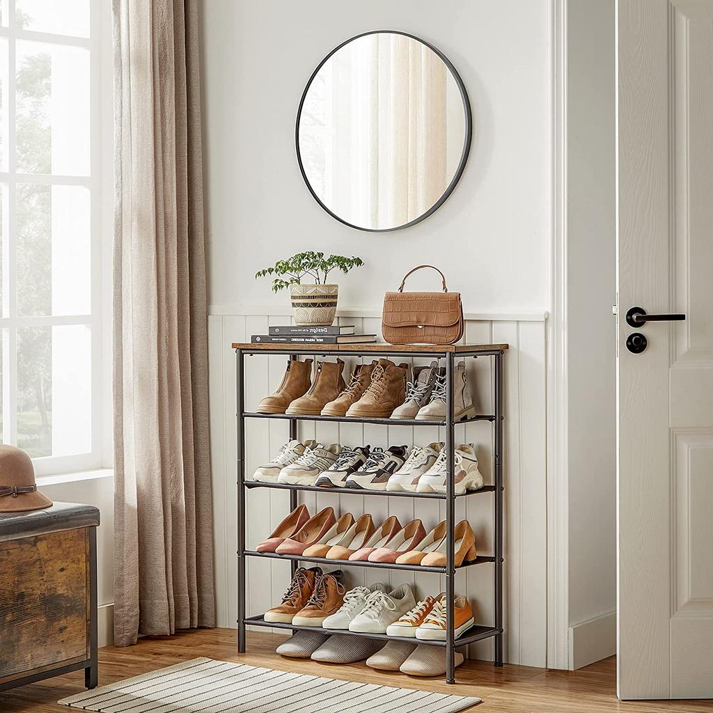 VASAGLE Shoe Rack 5 Tier, Shoe Storage Organiser Narrow, with 4 Fabric Shelves and Top for Bags, Steel Frame, for Entryway, Closet, Industrial