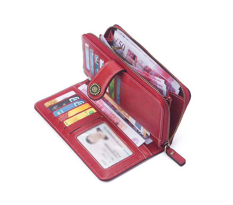Women's Retro Oil Wax Leather Long Wallet - Hollowed-out Design, Multi-functional, Large Capacity Phone Bag