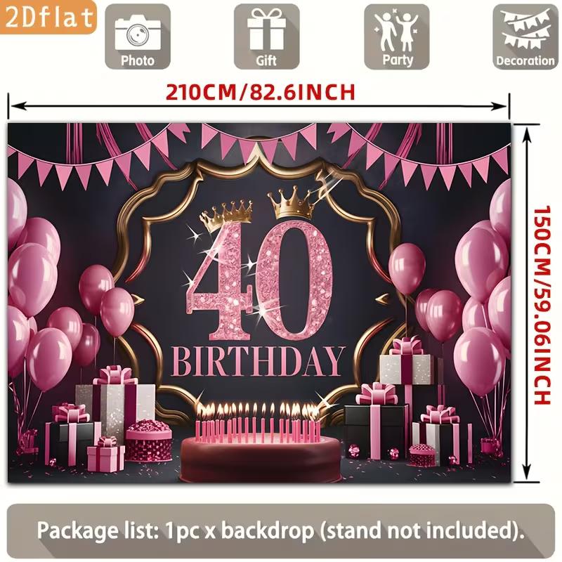 2D 40th Birthday Photography Backdrop Pink Black Background with Crown, Balloons and Cake