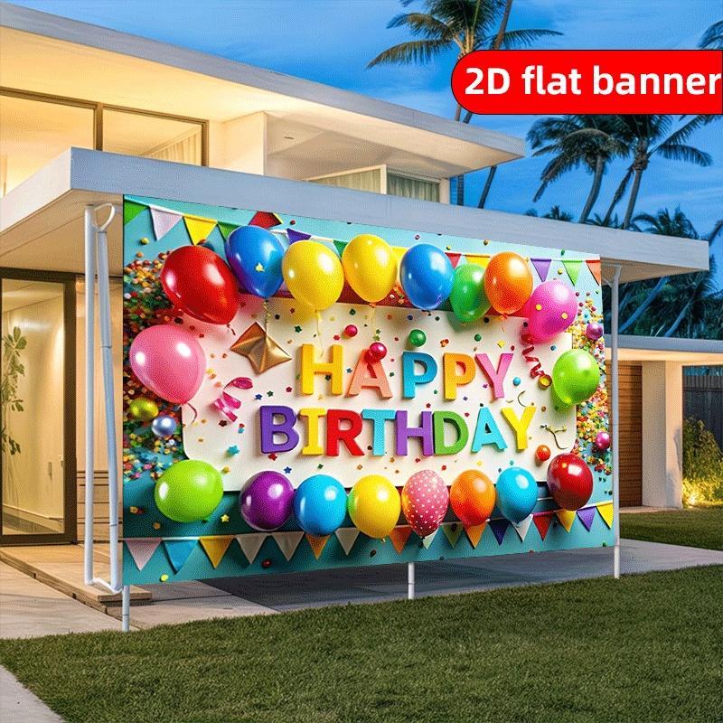 Striscione per Festa] Set di 1 Striscione Piatto 2D Buon Compleanno Palloncino Colorato Colore Lettera Chip Colore Bandierina Azzurro Poliestere Sfondo