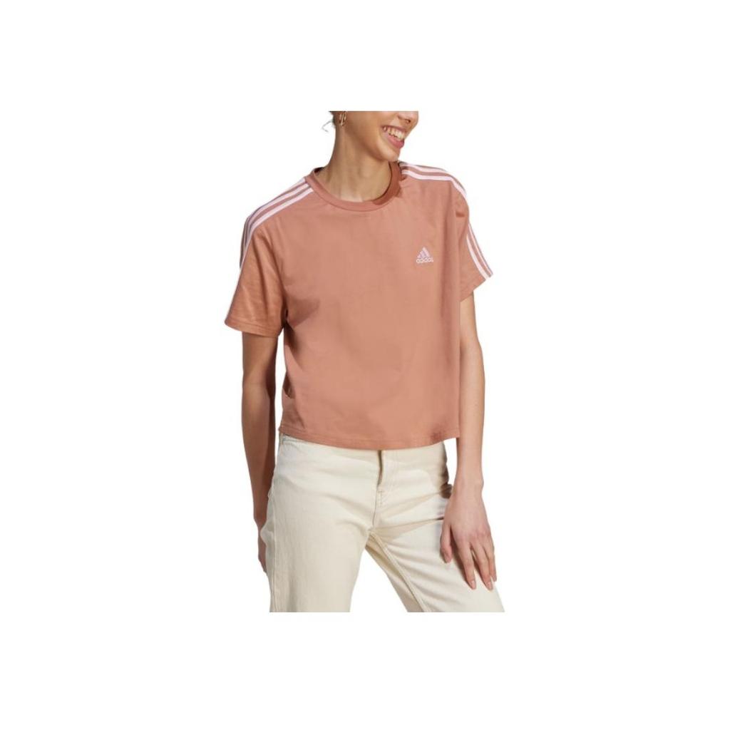 Adidas Essentials Striped Logo Print Casual Round Neck Short Sleeve T-Shirt Women Tops Rock-Layer-Brown IL3412