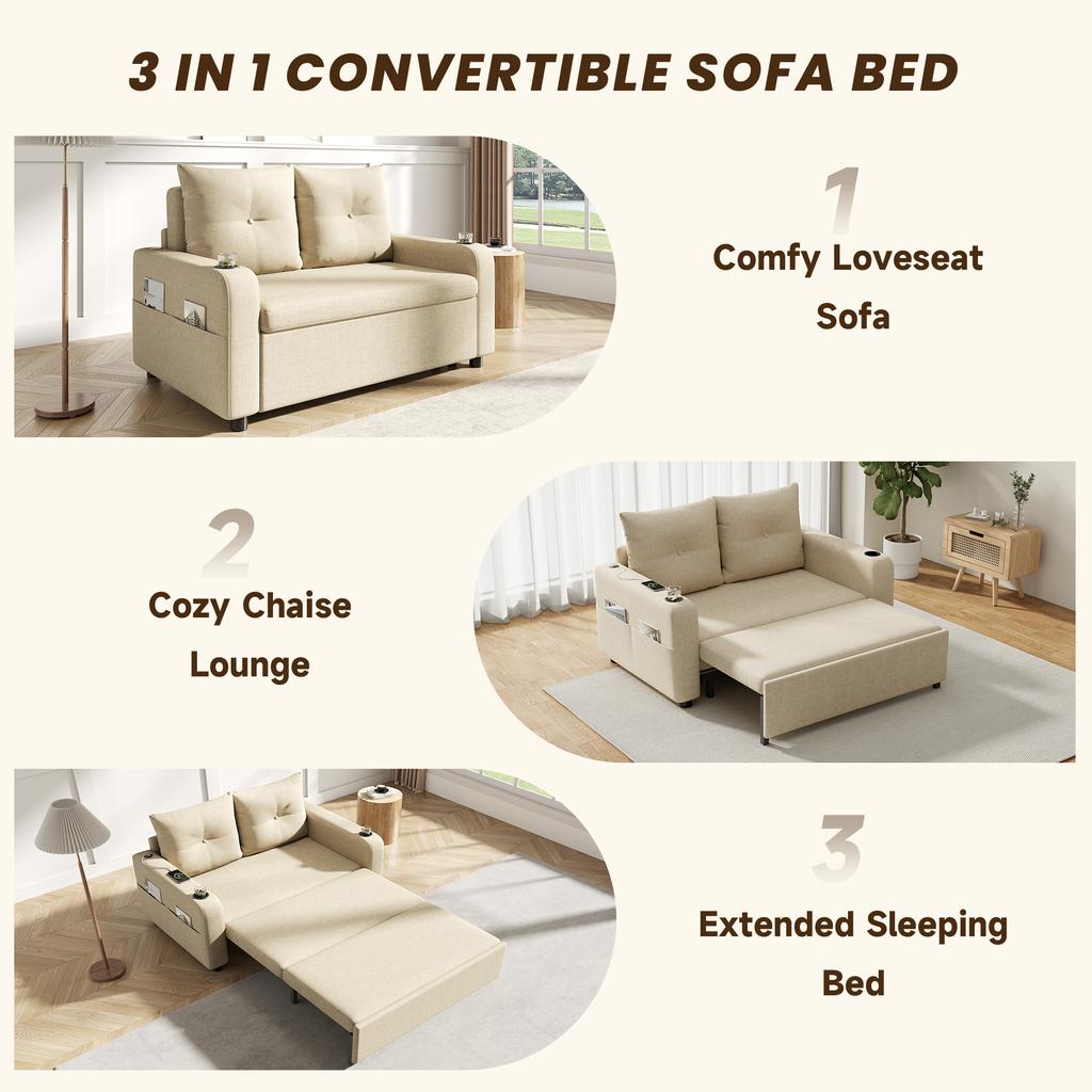 3-in-1 Sleeper Sofa, Pull-Out Sofa Bed, Double Sofa with Cup Holder, Side Pockets, Cushions and USB Port, Modern Design, Beige.[Old SKU:N653P8156A]
