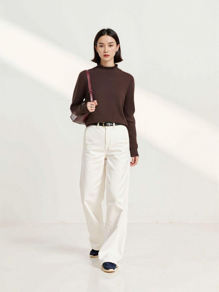 Autumn Winter Women's Seamless Wool Sweater – Ruffle Trim, Slim Fit, High Neck, Machine Washable Base Layer, Solid Color.