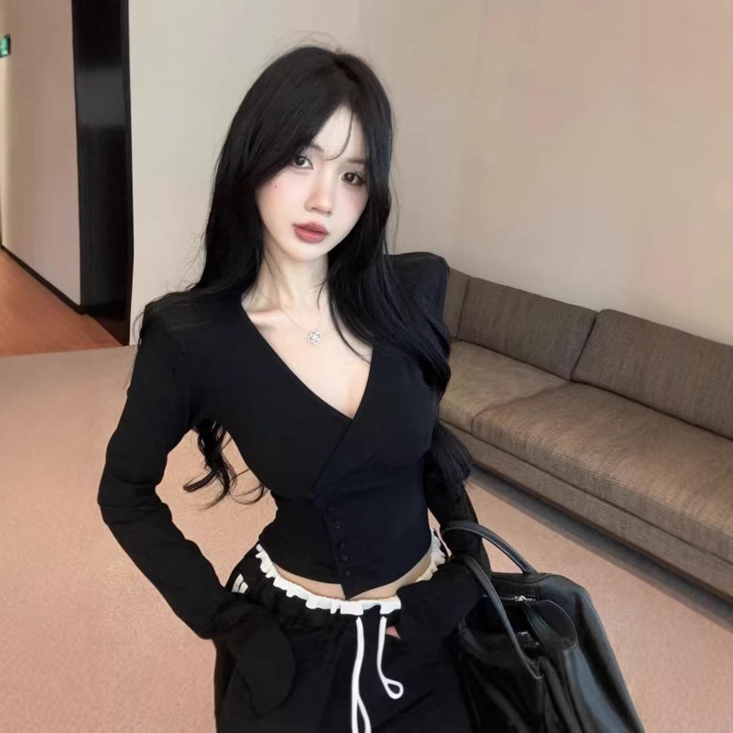 Spring 2026 Chic Spicy Girl Deep V-neck Long Sleeve Irregular Slim-fit Cropped Top for Women XL чёрный