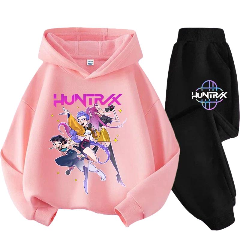 New K-pop Demon Hunter 3 - 12-year-old Girls' Sportswear 2-piece Cute Casual Top Children's Hooded Shirt Set with Cartoon Print