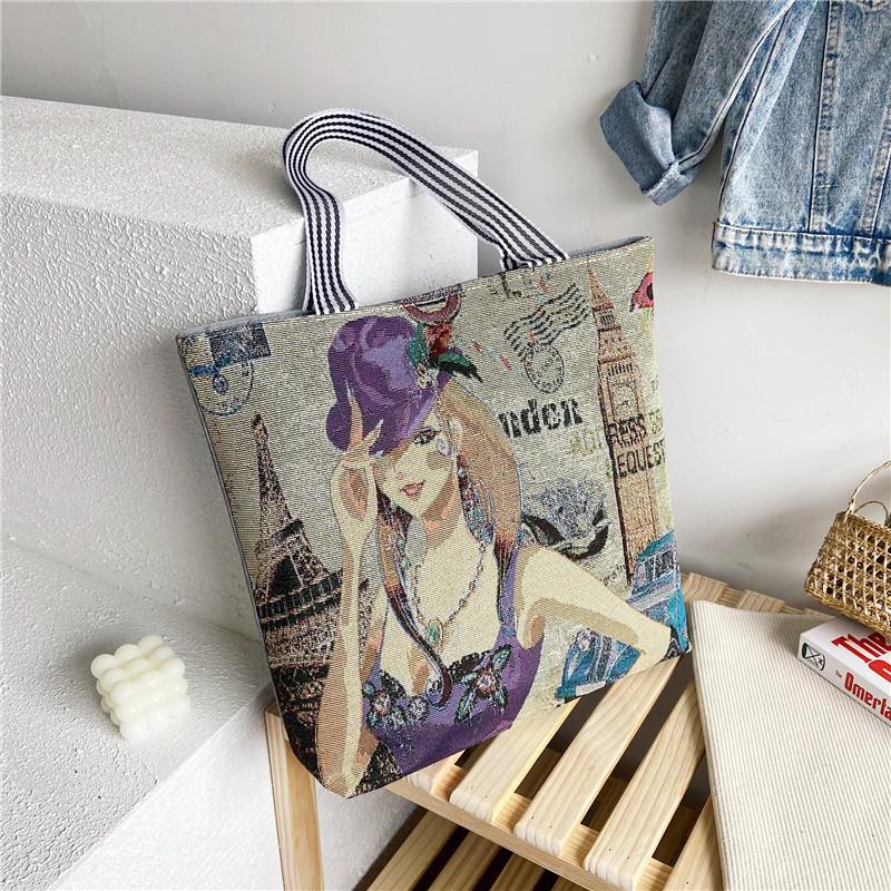 New retro shoulder bag fashion illustration single-sided embroidery bag women s tote bag large-capacity shoulder women s bag