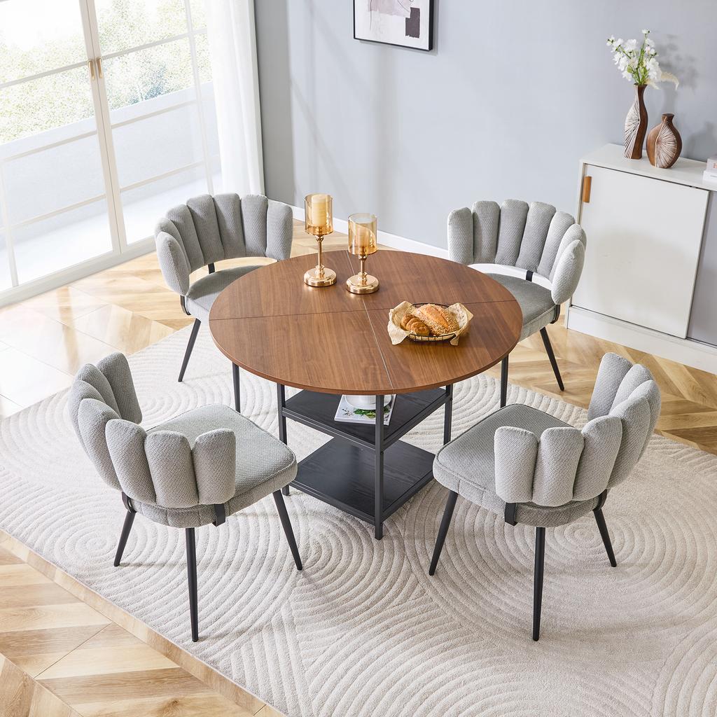 Table and Chair Set, Round 107 Cm Dining Table In Walnut Look, Double Storage Level, 4 Gray Textured Fabric Dining Chairs, Flower-Shaped Backrest