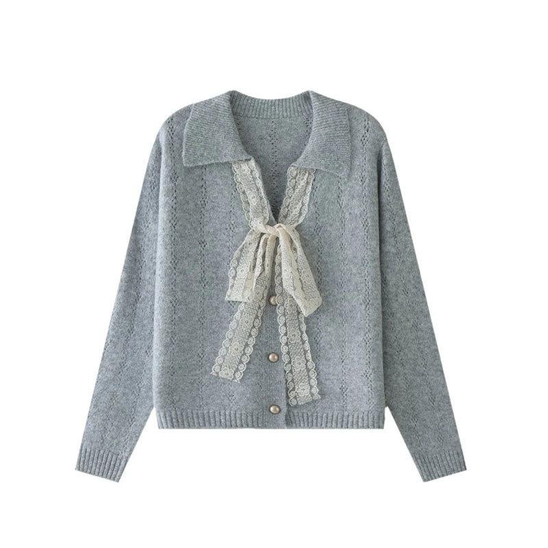 Spring Autumn Lace Pachwork Hollow Out Knitting Bandage Cardigan Sweater Women Sweet Casual Knitting Top